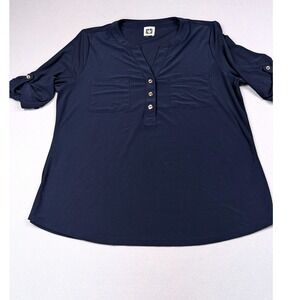 Anne Klein Navy Blue Roll Tab Sleeve Blouse Split V-Neck Knit Top Womens Medium
